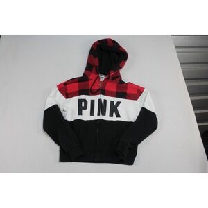 Pink Women Black Sweater Hooded Red Plaid Long Sleeve Casual Size XS